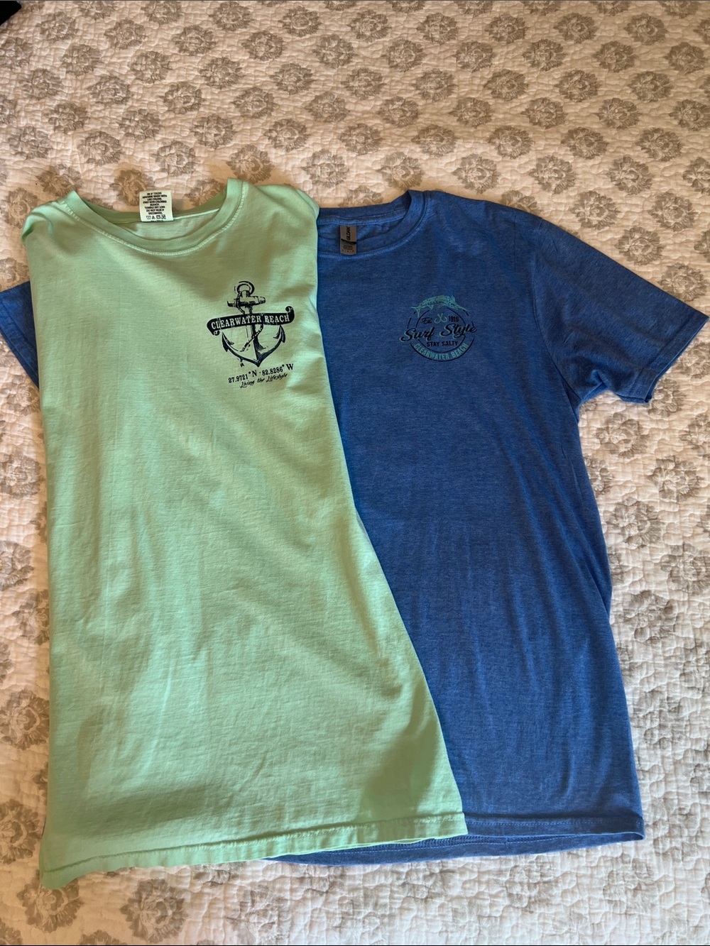 Two Large Clearwater, Florida T shirts. Blue and Mint.